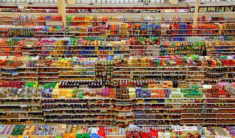 supermarket shelves lots of food